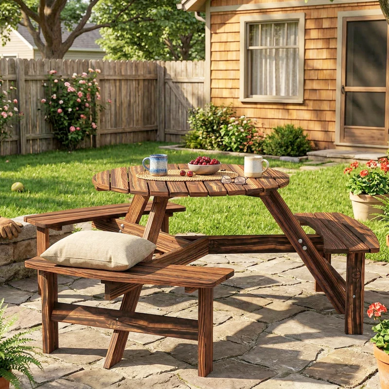 Outsunny Wooden Garden Dining Set, 6 Seater Round Dining Picnic Table with Matching Bench, Garden Furniture Set with Parasol Hole for Outdoor Patio Party and Family Gatherings, Carbonized