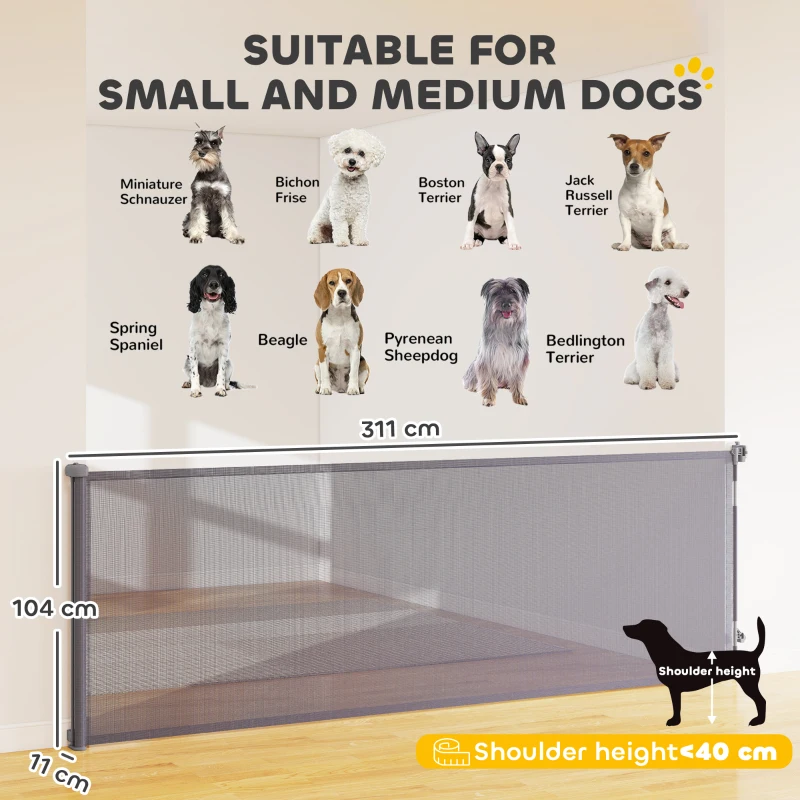 PawHut Retractable Dog Gate, Extends to 300 cm Wide & 104 cm Tall, Mesh Pet Gate Single Hand Operation, for Stairs Doorways