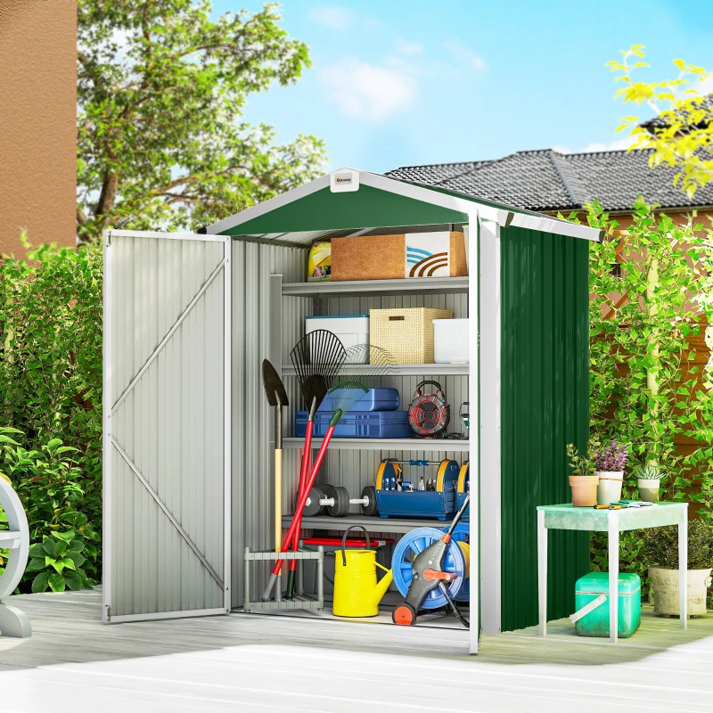 Outsunny Abrigo de Jardim Exterior 1,1 m² 133x87x178 cm com Portas Duplas Telhado Inclinado e Luvas Verde