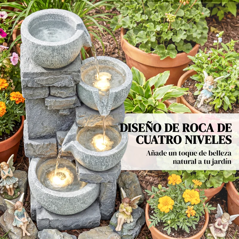 Outsunny Fuente de Jardín con Iluminación LED Bomba Fuente Decorativa en Cascada de 4 Niveles Flujo Ajustable Gris