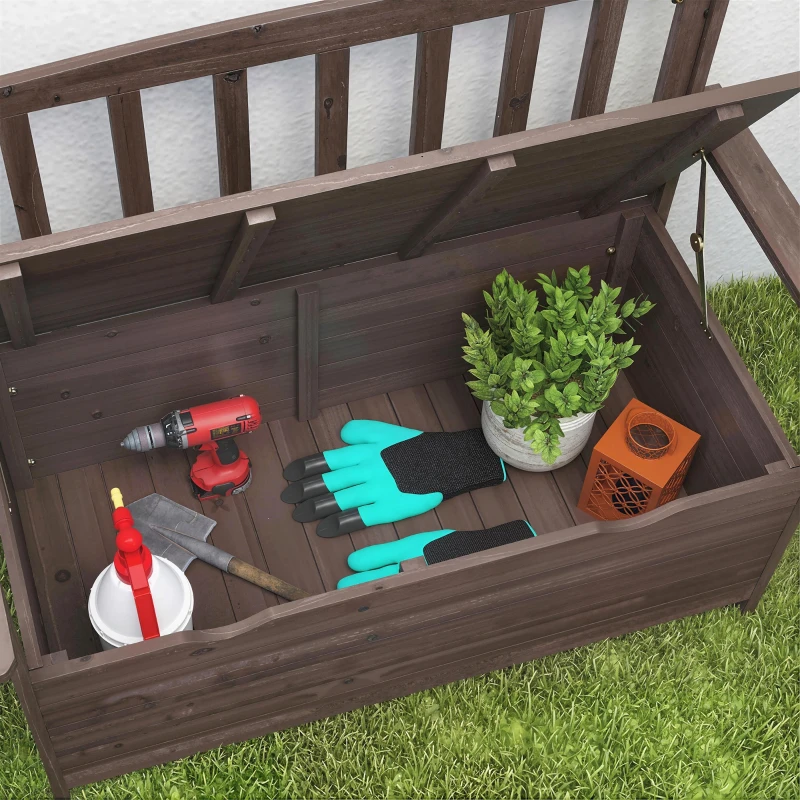 Outsunny Outdoor 2 Seater Garden Bench, Wooden Bench with Storage, Backrest, Arm Rests, 112 x 84 x 58 cm, Brown