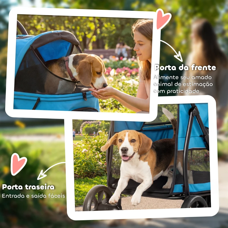 PawHut Carrinho para Cães Dobrável com 3 Rodas Janelas de Rede Almofada Lavável Todo o Terreno Carga 20 kg 92x63x95 cm Azul