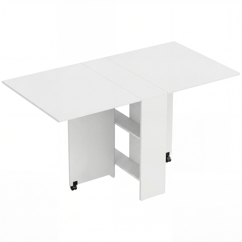 HOMCOM Table pliante de cuisine salle à manger amovible sur roulettes 75L x 140l x 74H cm 2 étagères intégrées en bois coloris blanc