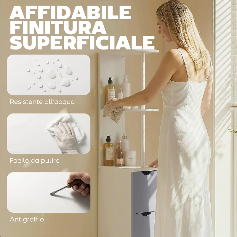 HOMCOM Colonna Bagno, Mobile Bagno Salvaspazio in Legno, Mobiletto con Armadietto, Ripiani e Cassetti, 15x33x136.8 cm, Grigio Chiaro