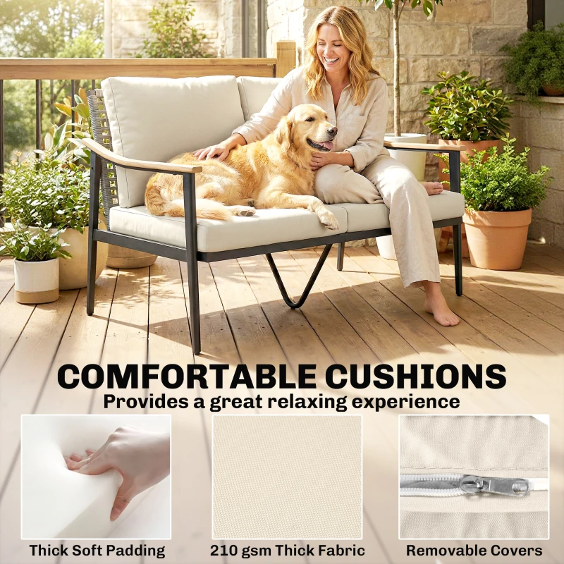 Outsunny 2 Seater Rattan Sofa, Outdoor Garden Sofa with Wood-Effect Armrests, Cushions for Patio, Balcony, Khaki