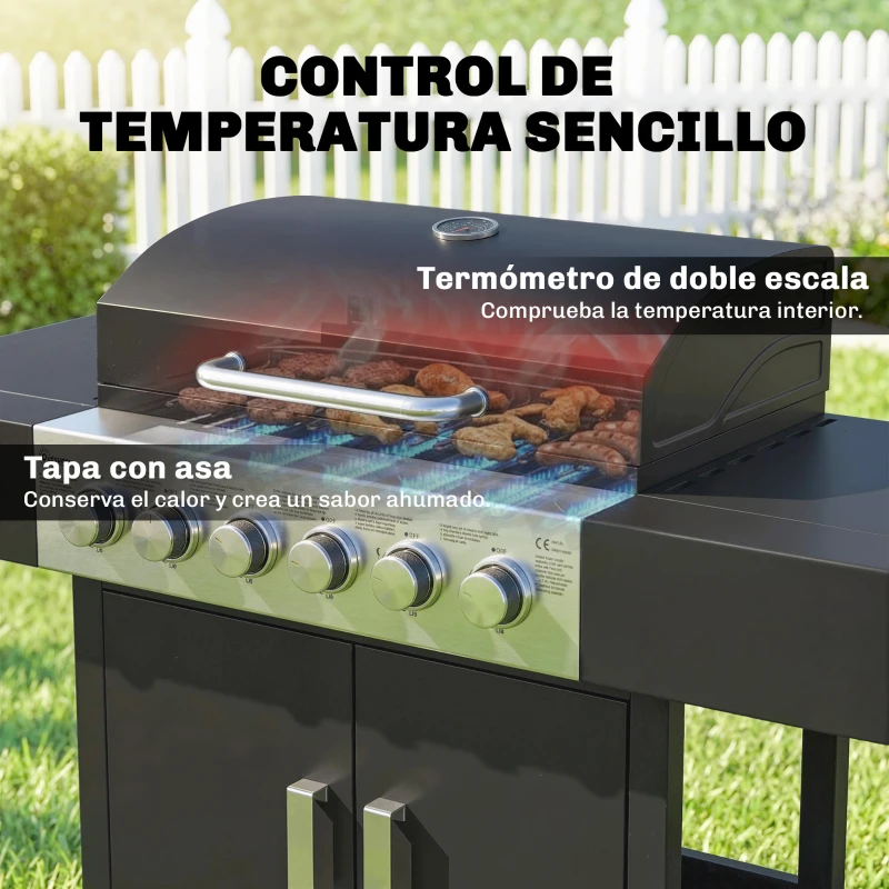 Outsunny Barbacoa de Gas con 6 Quemadores Termómetro Parrilla Mesas Laterales Armario y Ruedas 135x51x101 cm Negro
