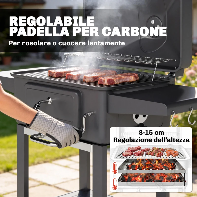 Outsunny Barbecue a Carbone, Affumicatore Portatile con Ventilazione, Termometro e Mensole Laterali, Nero