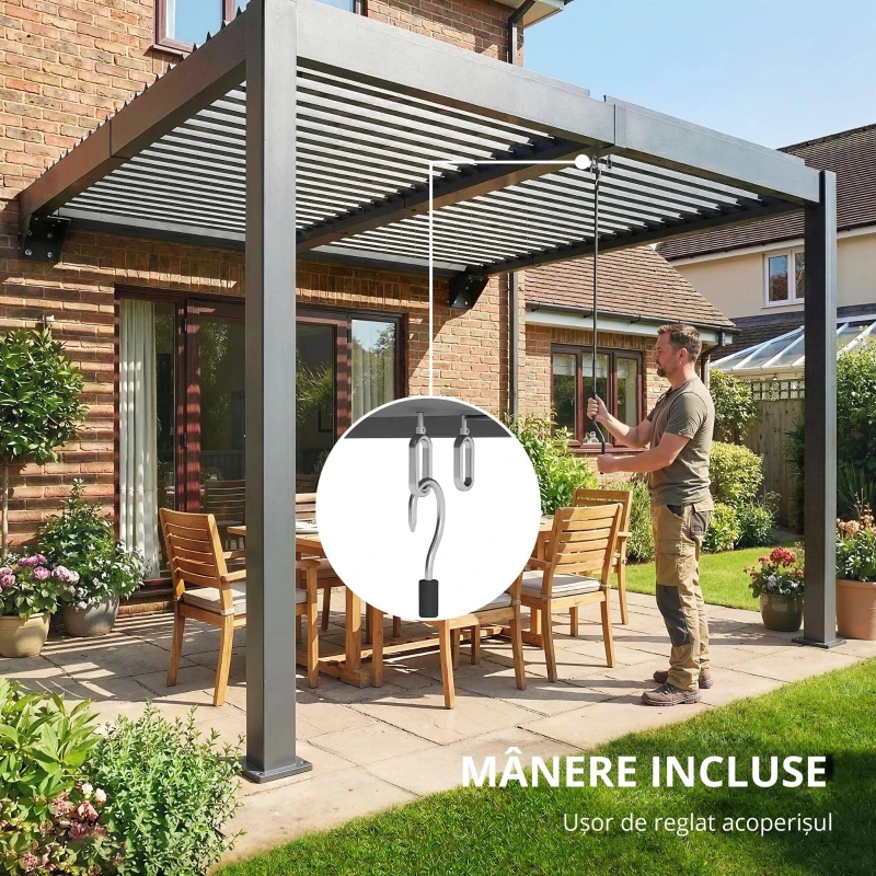 Outsunny Pergolă aprox. 3x3 m acoperiș terasă din aluminiu cu lamele reglabile, montare pe perete, gri închis