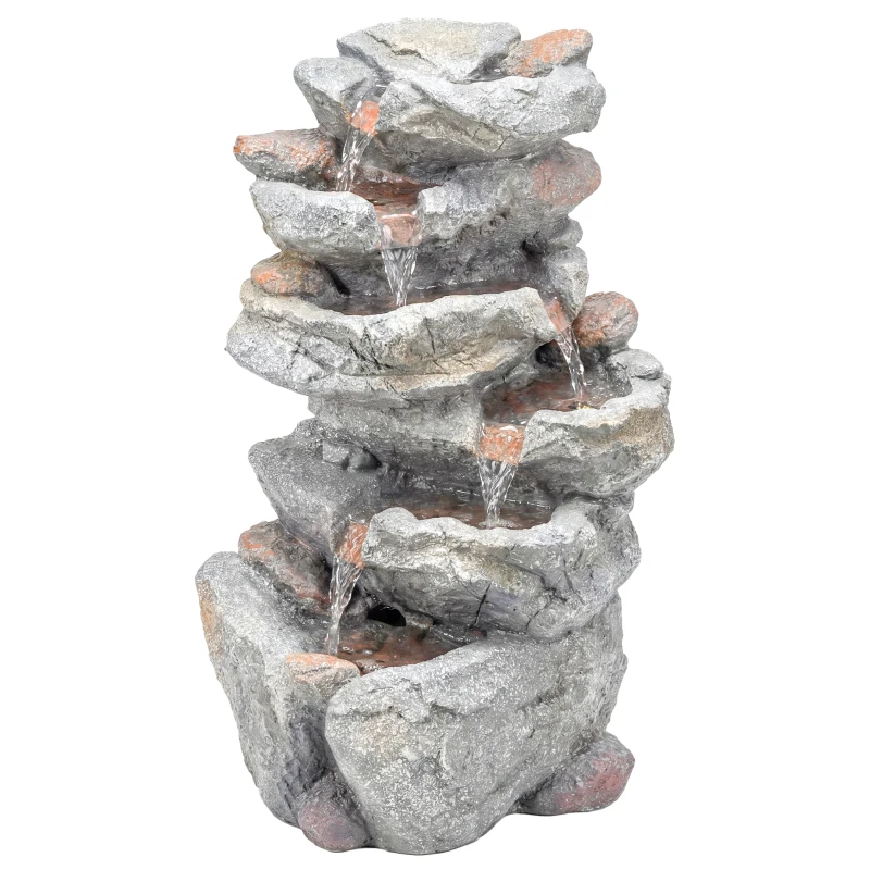 Outsunny Fontaine de Jardin Cascade 6 Niveaux Décoration de Jardin Zen Résine Pierre Naturelle 33 x 27 x 53 cm Gris