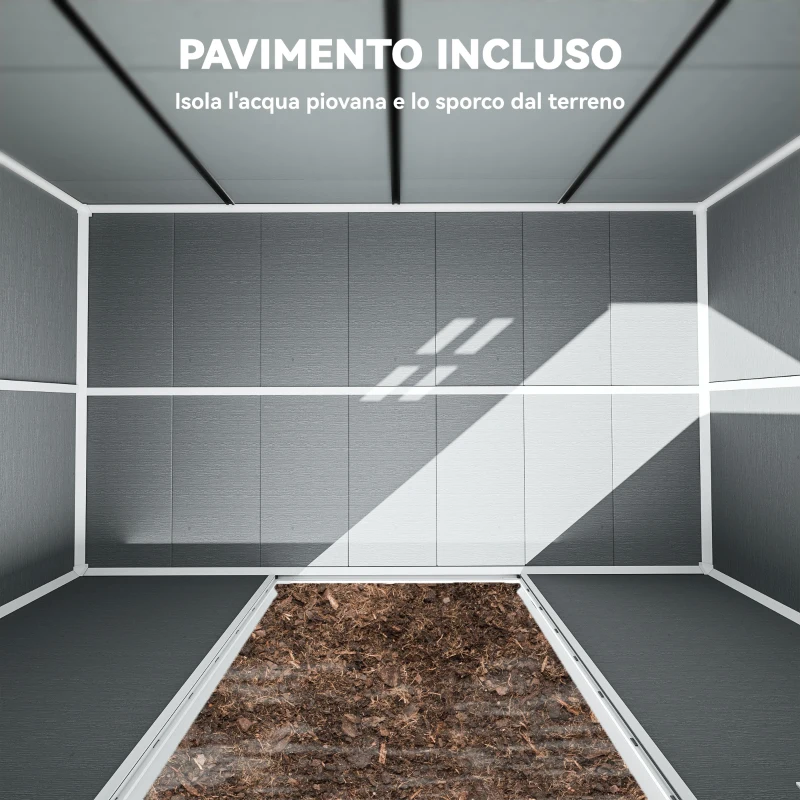 Outsunny Casetta per Attrezzi a 2 Ingressi con Finestre e Prese d'Aria, in PP e Alluminio, 303x183x184 cm, Grigio