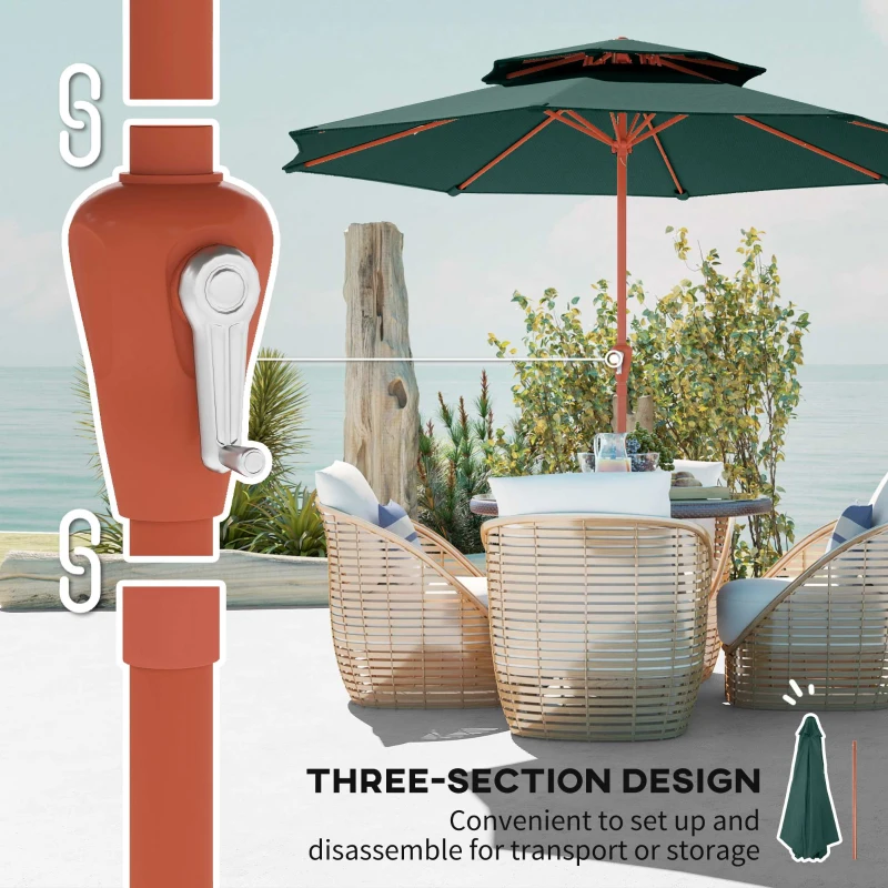 Outsunny 2.7 m Garden Parasol with Double Top Outdoor Market Table Umbrella with Crank System, Green
