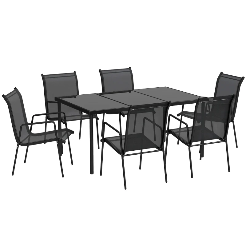 Outsunny Ensemble de jardin 6 pers. 6 chaises empilables table plateau verre trempé 5 mm métal époxy textilène noir