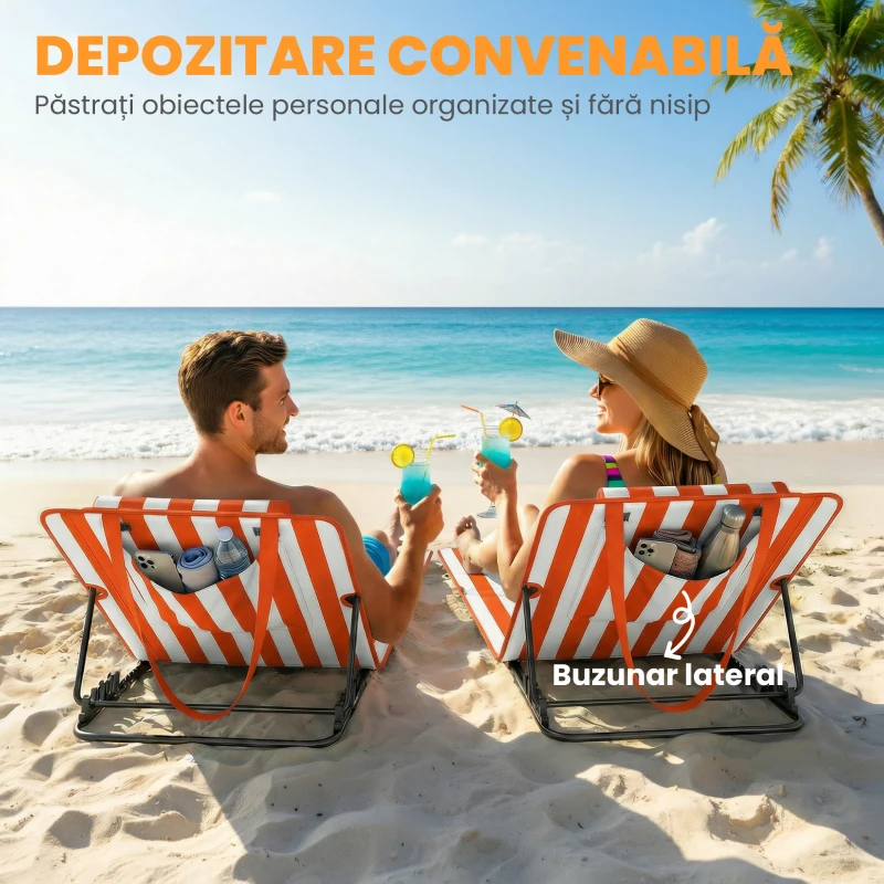 Outsunny Set 2 Șezlonguri Pliabile Portabile pentru Plajă, Spătar Reglabil, Portocaliu.