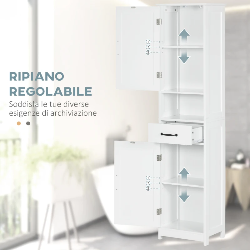 kleankin Mobile Colonna Bagno in Legno con Mensola Aperta, Cassetto e 2 Armadietti, 40x30x164 cm, Bianco
