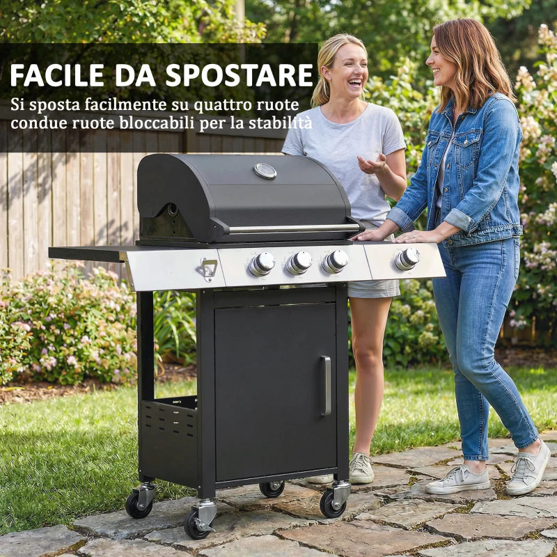 Outsunny Barbecue a Gas con 3 Fuochi e Bruciatore Laterale, 109x50x109 cm, Nero