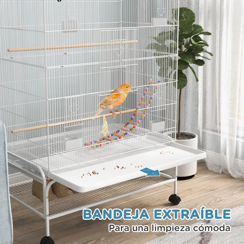 PawHut Jaula para Pájaros con Ruedas Bandeja Extraíble Puertas Comederos Perchas y Estante Inferior 79x49x133 cm Blanco