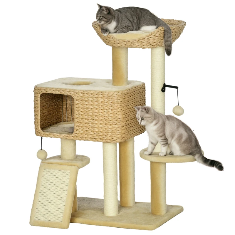 PawHut 95cm Cat Tree Tower for Indoor Cats, with Scratching Post, Cat House, Toy Ball, Platform - Beige