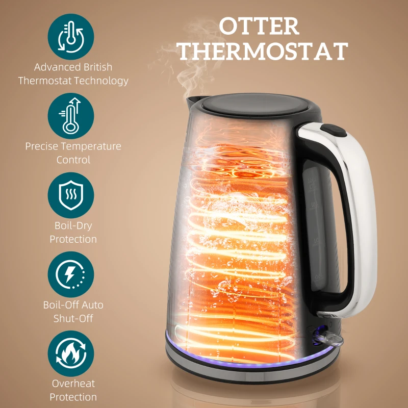 HOMCOM zestaw czajnik i toster 1,7L 2200W czajnik z wnętrzem ze stali nierdzewnej, termostat Otter, filtr antywapienny, zestaw śniadaniowy z tosterem na 2 kromki, podświetlenie, 7 poziomów opiekania, rozmrażanie, podgrzewanie, czarny