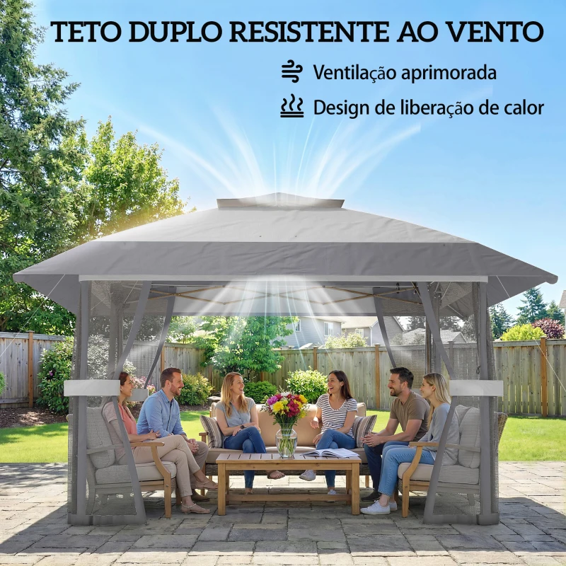 Outsunny Tenda Dobrável 4x4 m Pop-up com Duplo Teto, 4 Laterais de Rede, Altura Ajustável, Bolsa de Transporte, UPF30+, Cinzento