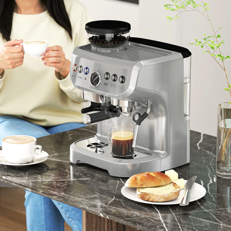 HOMCOM 15 Bar Coffee Machine with 15 Adjustable Grind Setting, Steamer and Complete Kit - Silver Colour