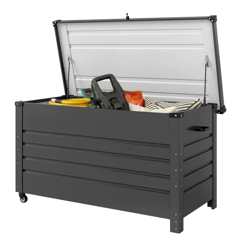 Outsunny Kiste 430L, Metallbox mit abschließbarem Deckel, Räder, seitliche Griffe, Grau