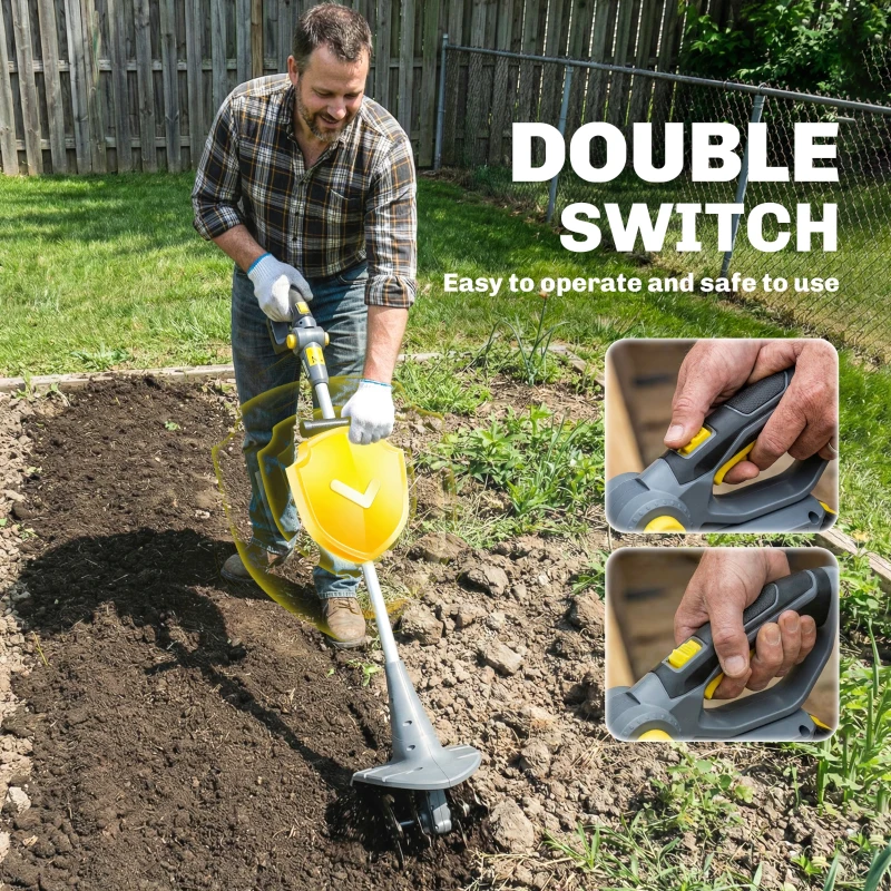 Outsunny Cordless Tiller, 18V Electric Garden Rotavator with 2 x 4000mAh Batteries, Charger, 20cm Tilling Width & 18cm Depth