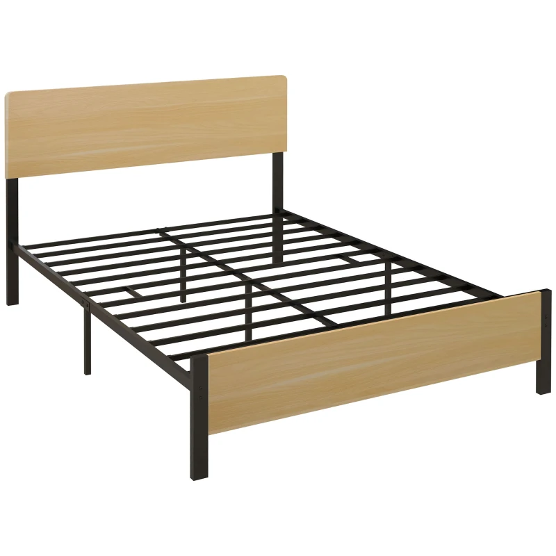 HOMCOM Cadre de lit double en acier avec sommier et tête de lit compatible matelas 140 x 190 cm aspect bois foncé
