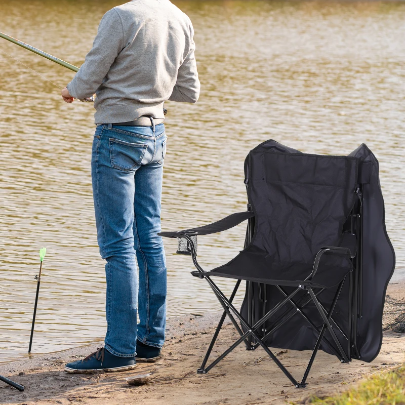 HOMCOM Chaise de Camping Pliable Grand Confort Pare-Soleil + Porte-gobelets intégrés, possibilité d'être portée en Sac à Dos Noir