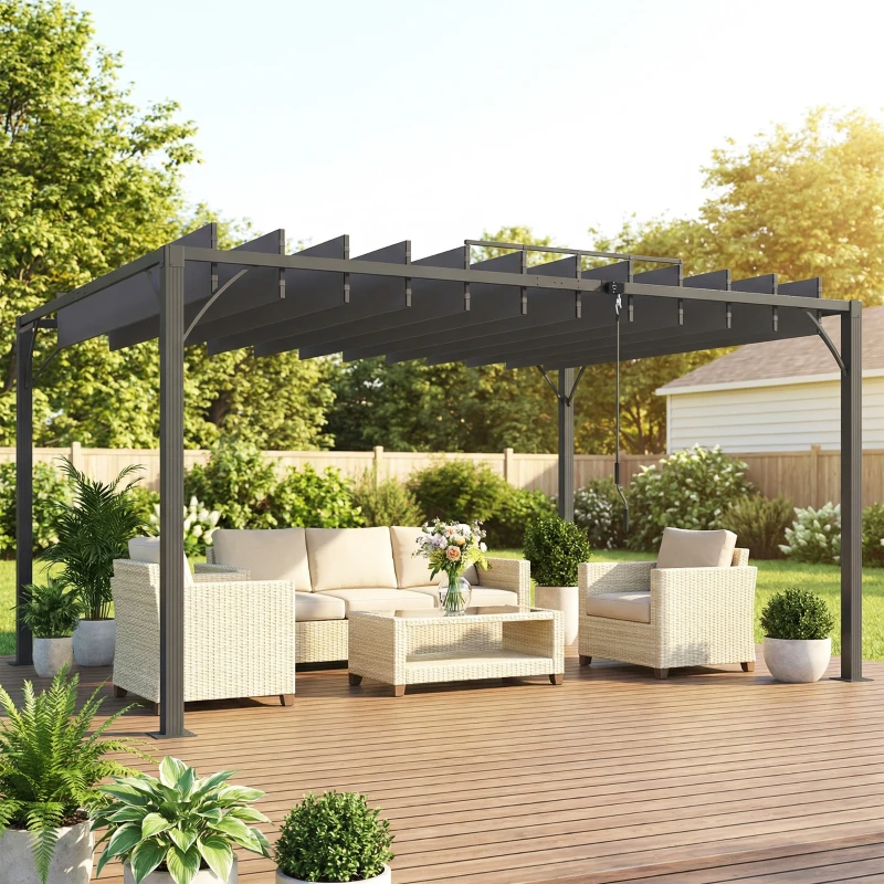 Outsunny Pérgola 390x295x213 cm para Jardim com Desenho de Lâminas Superiores Giratórias até 135° Proteção UV 50+ Cinza