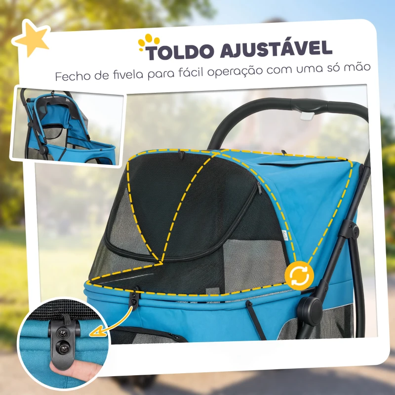 PawHut Carrinho para Cães Dobrável com 3 Rodas Janelas de Rede Almofada Lavável Todo o Terreno Carga 20 kg 92x63x95 cm Azul
