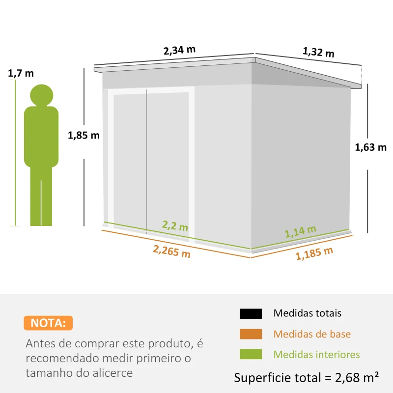 Outsunny Abrigo de Jardim Exterior 2,7 m² 234x132x185 cm com Três Portas Fechadura e Grelhas de Ventilação Verde