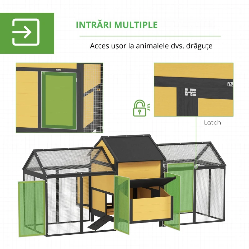 PawHut Adăpost pentru păsări, 2 țarcuri exterioare, 1 cuib, 2 rampe, rezistent la intemperii, galben.