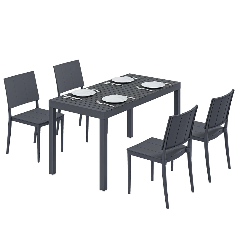 Outsunny Zestaw Mebli Ogrodowych 5-częściowy Stół z 4 Krzesłami Sztaplowanymi Lamelowy Design dla 4 Osób, Ciemnoszary