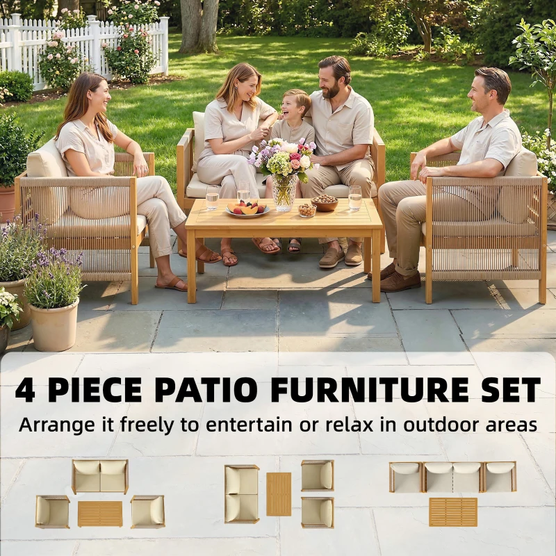 Outsunny Tuinmeubelset Hout Zitgroep voor 4 Personen met 2-zitsbank 2 Fauteuils Tafel Touwdecor Lattenstructuur Wasbare Kussens
