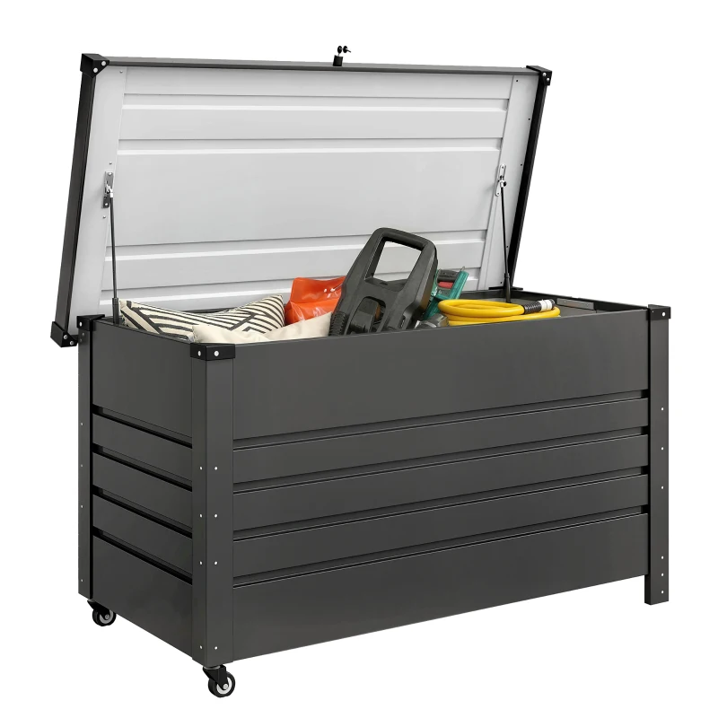 Outsunny Coffre 430L, coffre métal avec couvercle verrouillable, roues, poignées latérales, Gris
