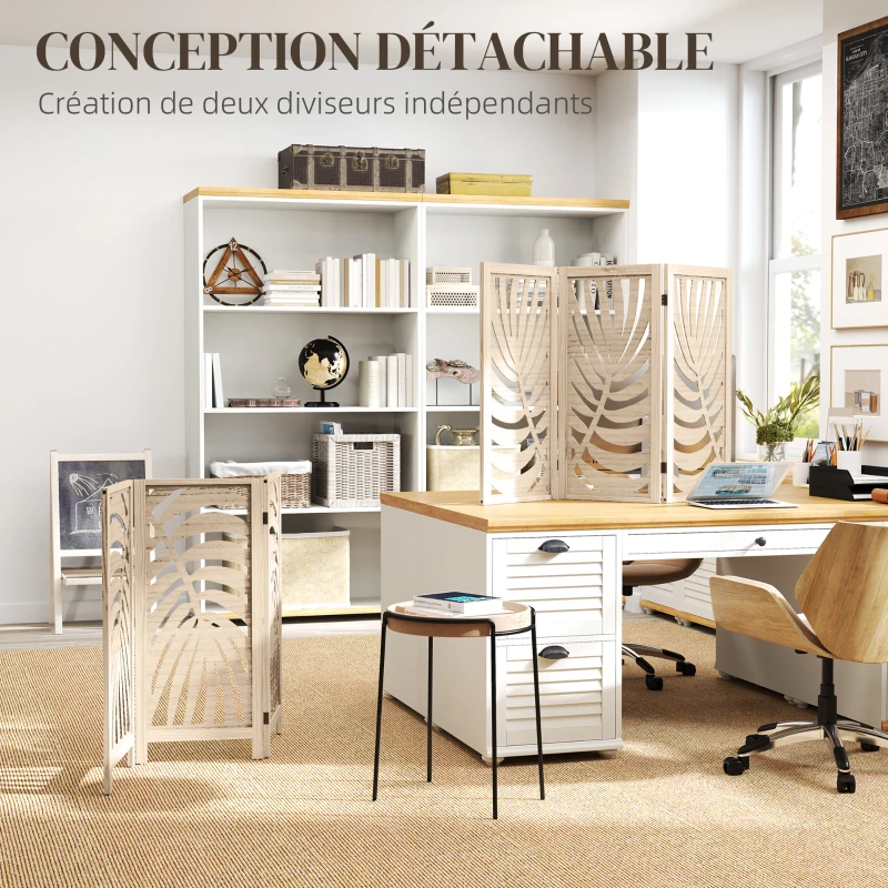 HOMCOM Paravent interieur en bois 3 panneaux 120 x 170 cm, pliable et portable, motif de feuille, design amovible, bois naturel