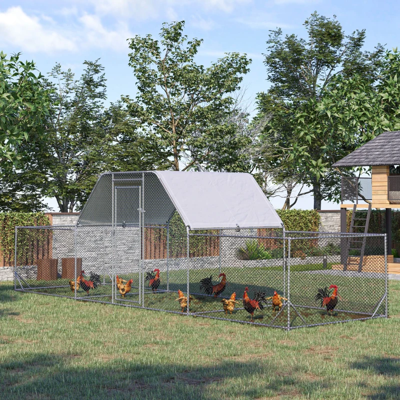 PawHut Enclos poulailler chenil volière extérieur 12,5 m² pour 12 à 15 poules 6,6 x 1,9 x 1,95 m acier galvanisé