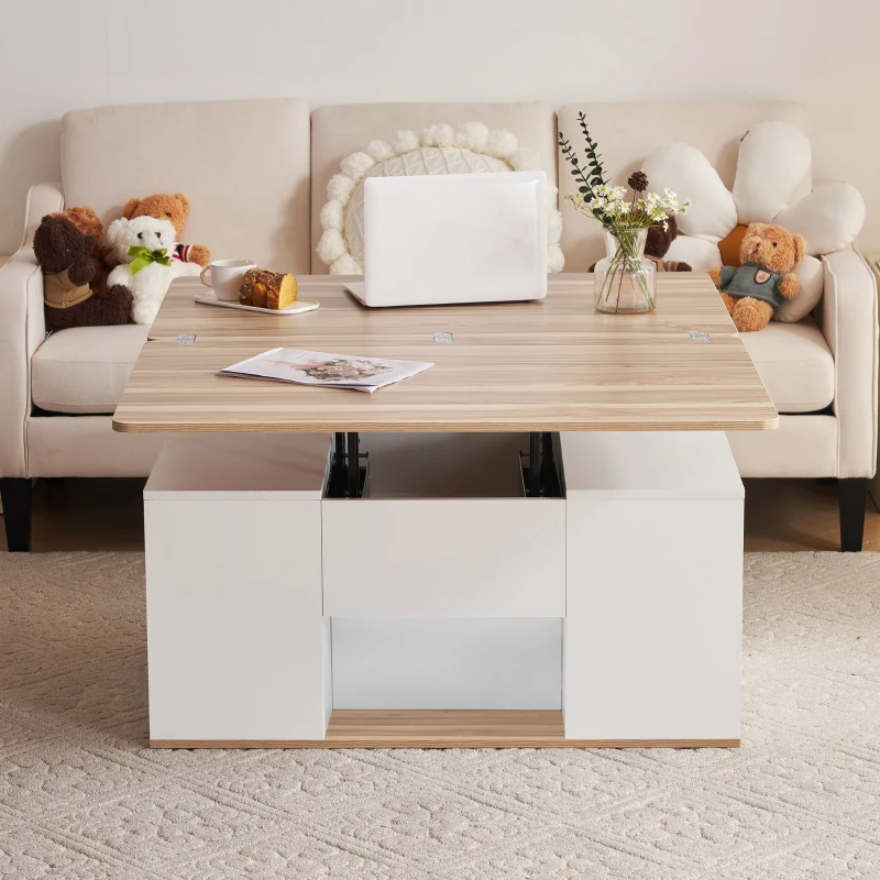 Lift-Top Coffee Table with Storage, 3 Drawers and Adjustable Height, 100x51x47 cm, White & Oak