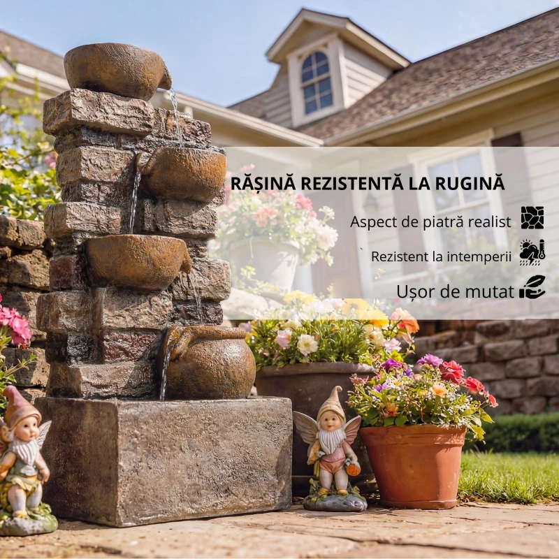 Outsunny Fântână de grădină cu iluminare LED pompă fântână decorativă în cascadă cu 5 niveluri flux reglabil maro rustic