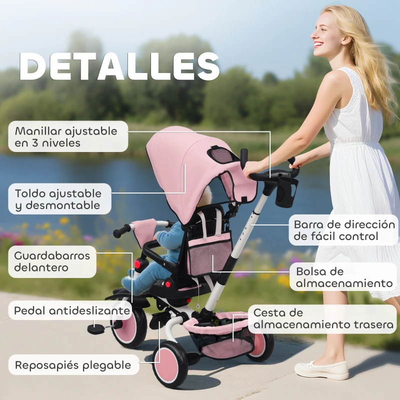 AIYAPLAY Triciclo Evolutivo 6 en 1 Plegable Asiento Giratorio de 360° Mango Parental Respaldo Reclinable Toldo Rosa
