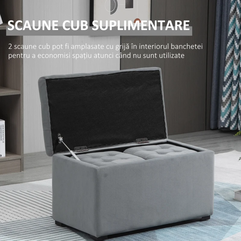 Homcom Cufar Depozitare Multifunctional – Cu 2 Pouf Catifea Gri(m-4)