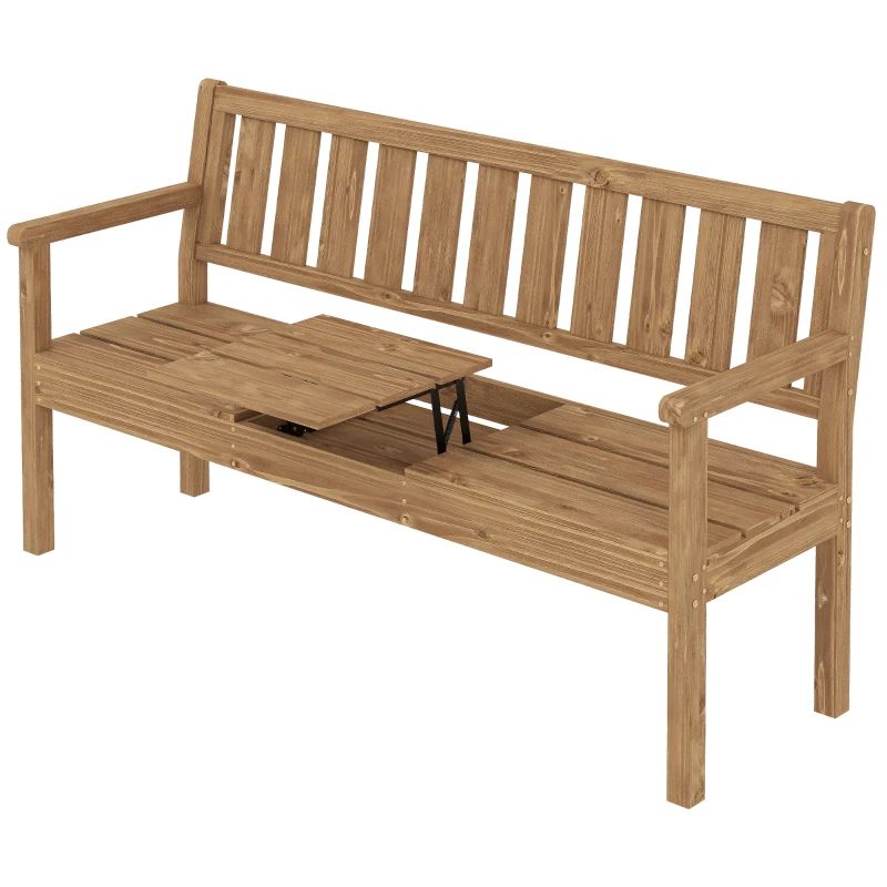 Outsunny Wooden Garden Loveseat with Liftable Table & Shelf, 2-3-Seater Outdoor Bench, Fir Wood Jack and Jill Garden Seat, Teak