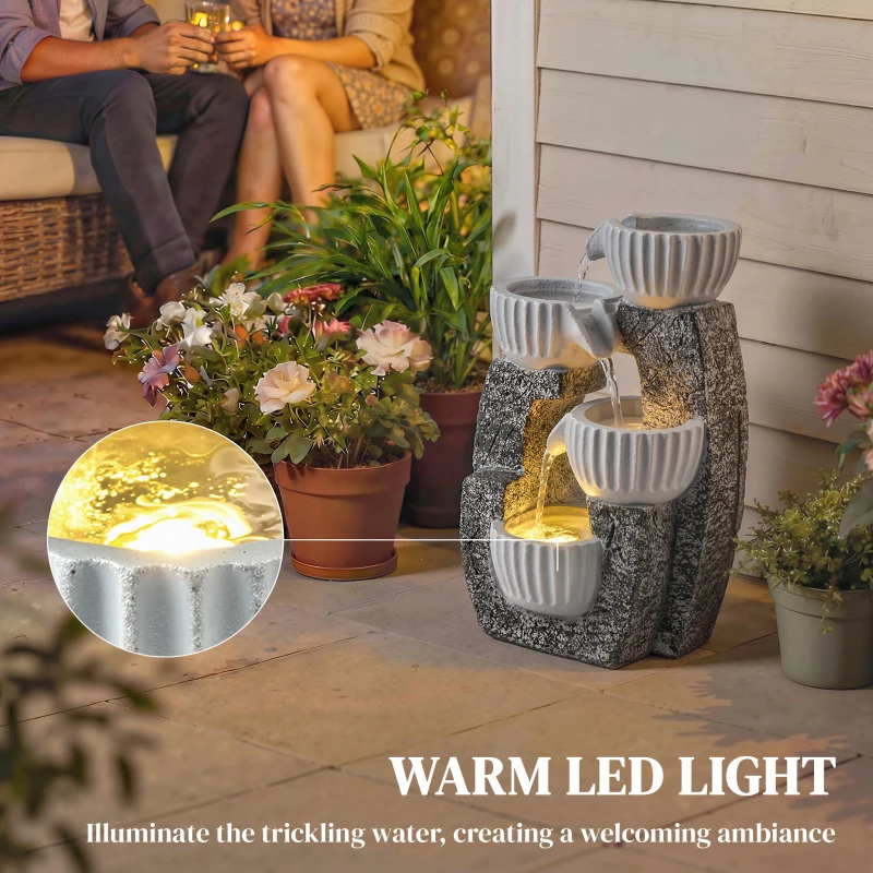 Outsunny 4-Tier Bowl Water Feature, Indoor Outdoor Garden Water Fountain with Pump and LED Lights, Resin Cascading Waterfall
