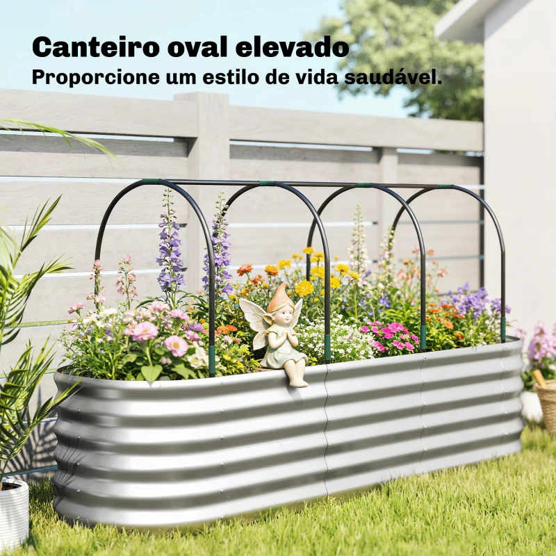 Outsunny Caixa de Plantio Grande com Cobertura de Estufa e Rede Fundo Aberto para Jardim Terraço 200x60x103 cm Prateado
