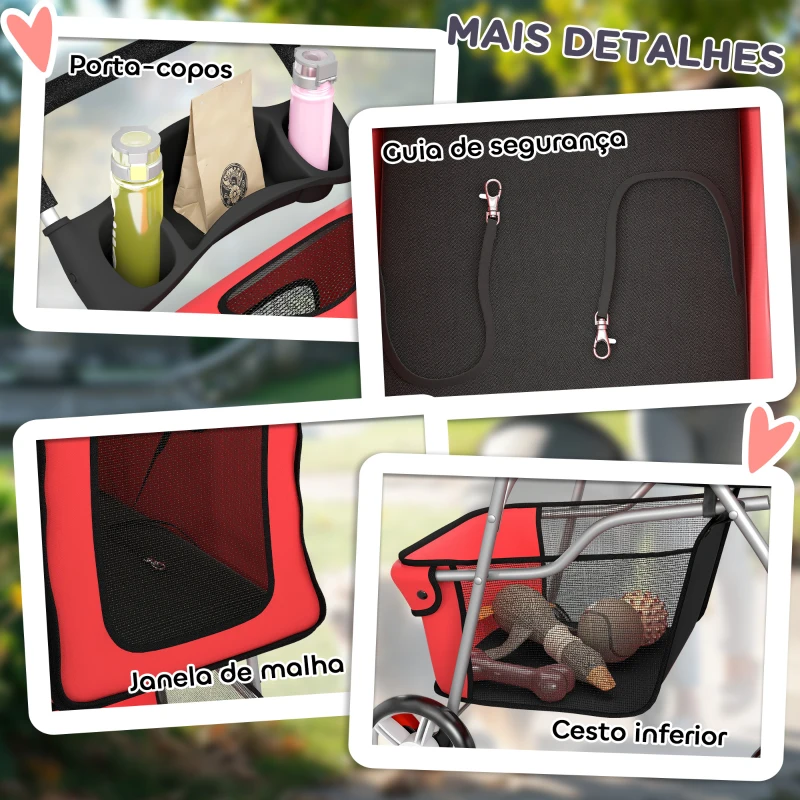 PawHut Carrinho para Cães Pequenos com Cesta de Armazenamento Suportes para Copos Rodas e Almofada Lavável 77x44x102 cm Vermelho