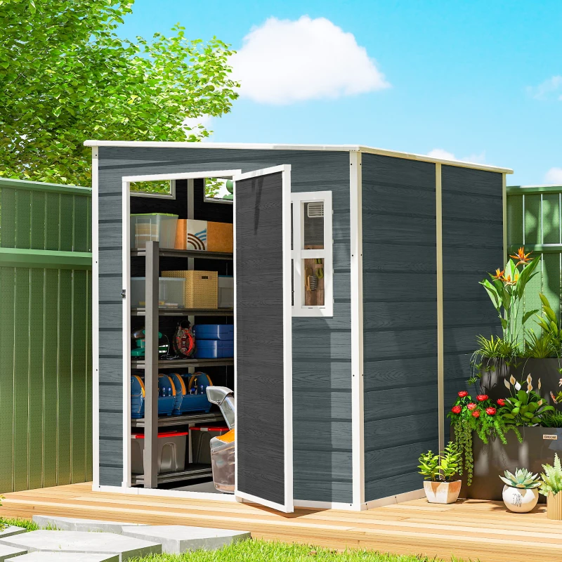 Outsunny Abri de Jardin Cabanon de Stockage Plancher Structure Aluminium 3 Fenêtres 2 Aérations 182x182x183cm Gris Effet Bois