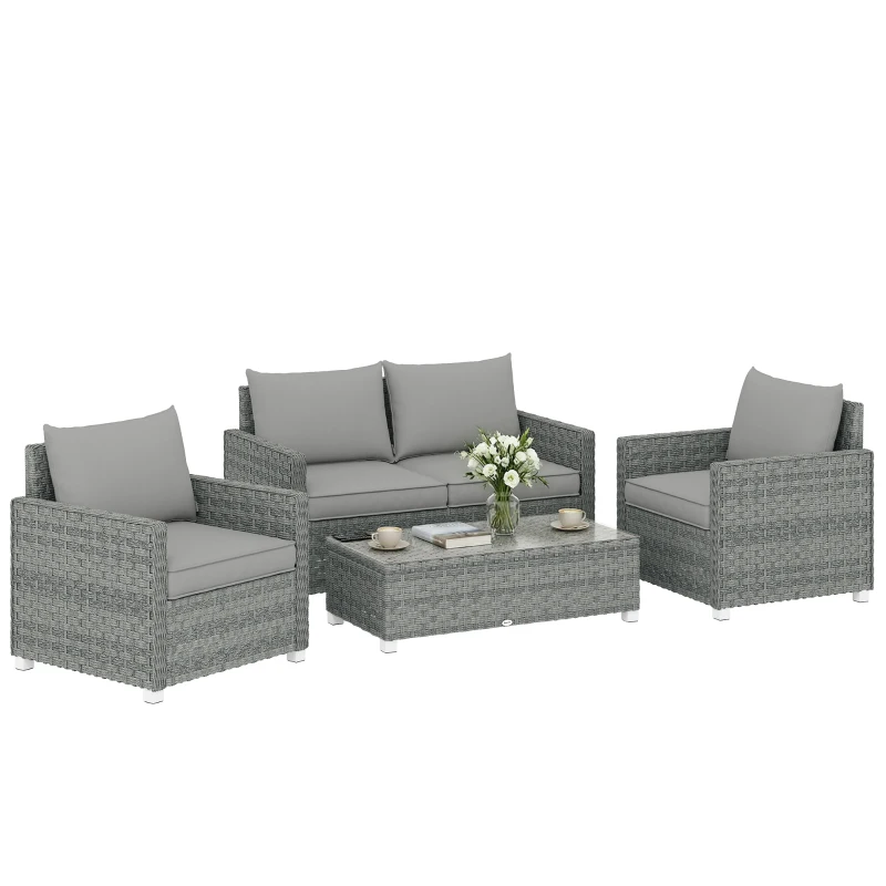 Outsunny 4 Piece Rattan Garden Furniture Set with Loveseat, 2 Armchairs, Glass-Top Table, Wicker Patio Conversation Set, Grey