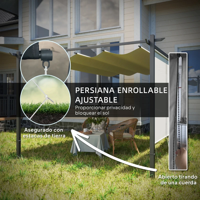 Outsunny Pérgola de Jardín 4x3 m con Techo Retráctil 3 Laterales Enrollables UPF30+ Cenador de Jardín para Patio Exterior Beige
