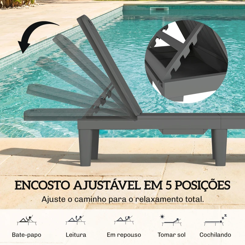 Outsunny Conjunto de 2 Espreguiçadeiras Reclináveis de Plástico PP com Bandeja Lateral Encosto Ajustável em 5 Posições 192x57x28,5 cm Cinzento
