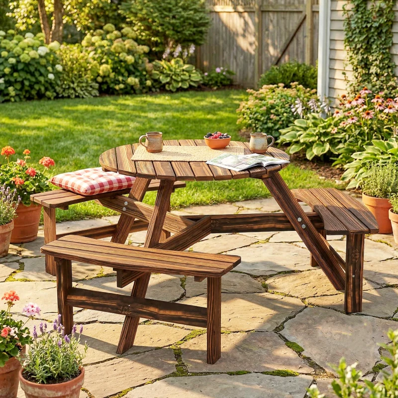 Outsunny Wooden Garden Dining Set, 6 Seater Round Dining Picnic Table with Matching Bench, Garden Furniture Set with Parasol Hole for Outdoor Patio Party and Family Gatherings, Carbonized